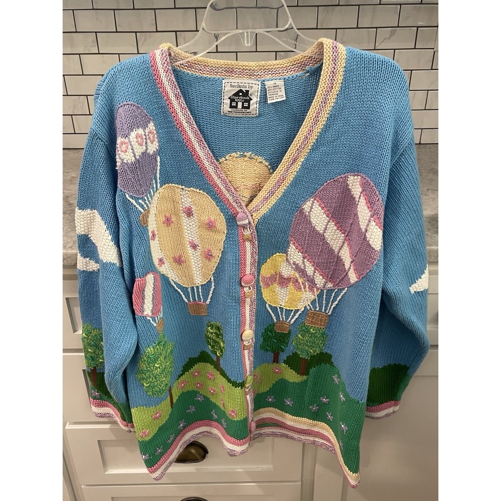 Vtg 90s Storybook Knits Cardigan Sweater Womens XL Dawns Magic Balloon Castle